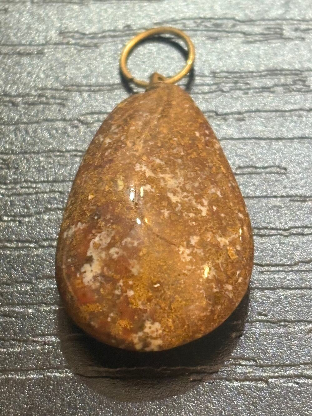 Brown Jasper Genuine Stone Teardrop Pendant Gold Tone